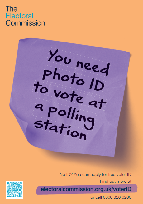 Remember to bring photo ID required when voting at a polling station on 2nd May 2024