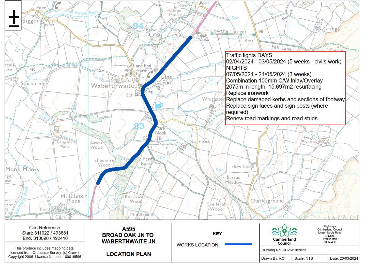 A595 Road closure – Waberthwaite – 7th May 2024 – 24th May 2024, 7pm to 5 am